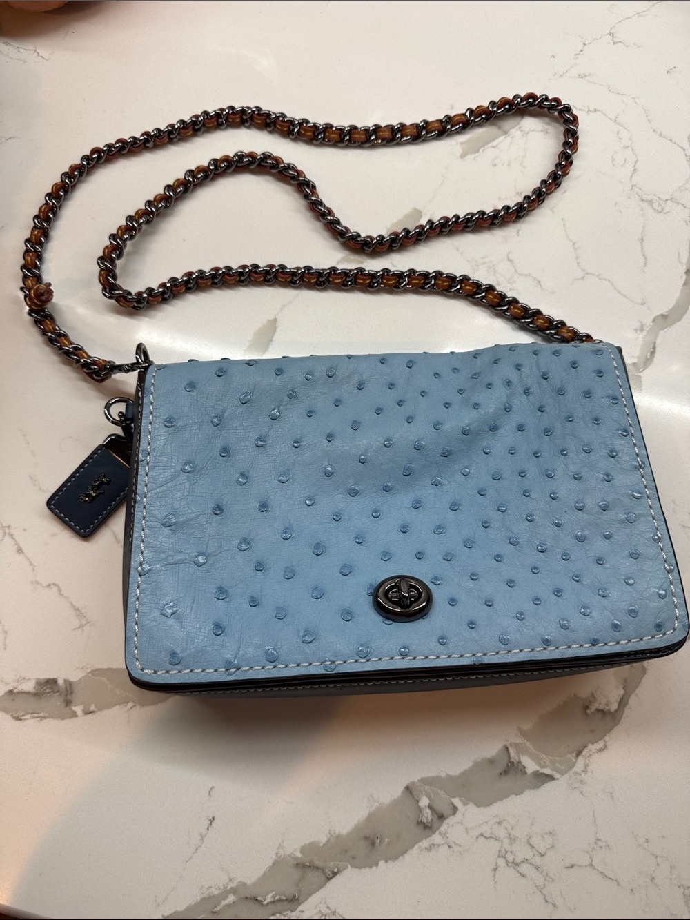 Coach Blue Ostrich-Textured Leather Crossbody with Chain Strap